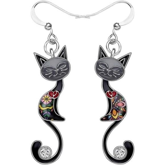 Enamel Multicolor Cat Dangle Earring Hypoallergenic Aesthetic Kitty Jewelry Gift - Picture 6 of 6
